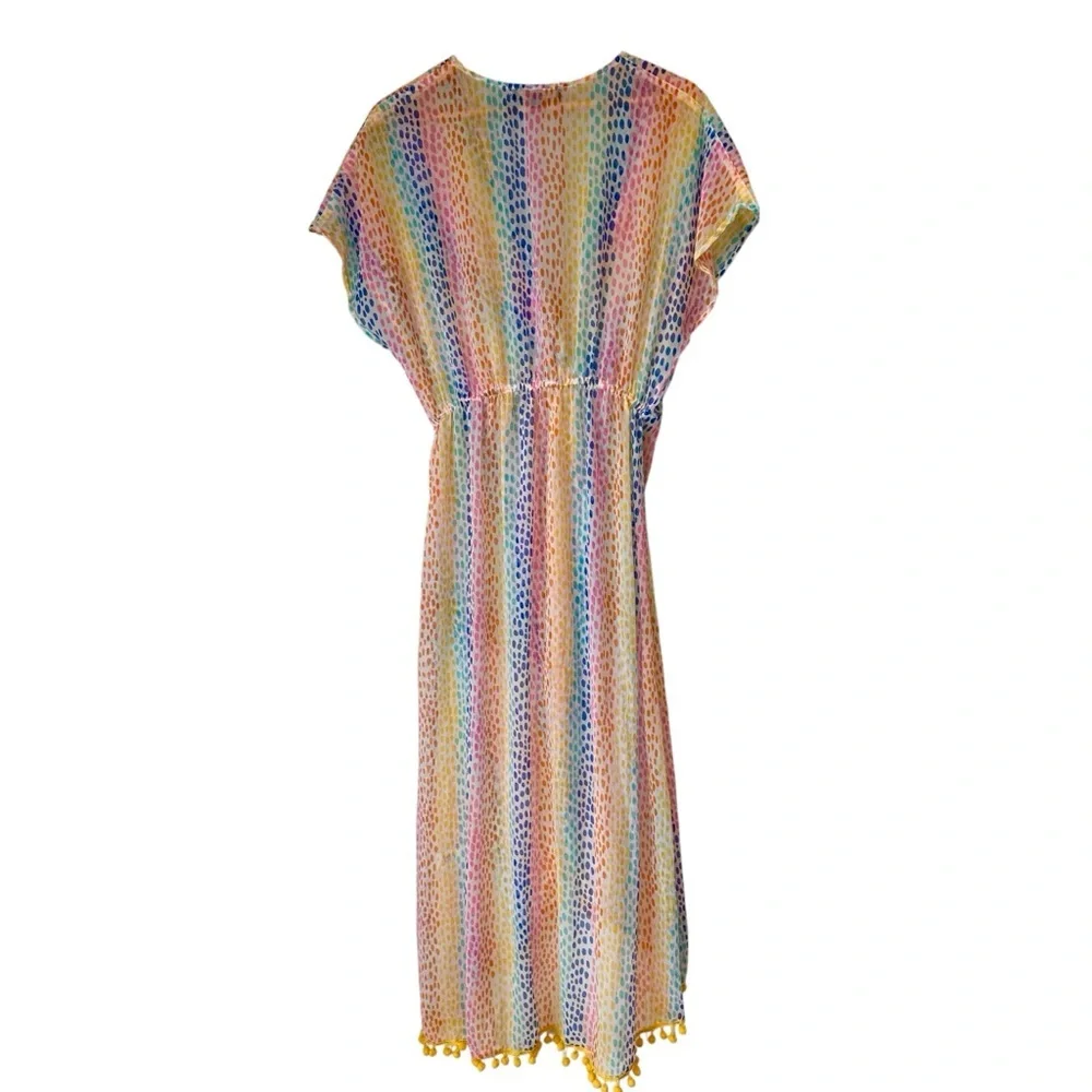 America & Beyond Pastel Multicolor Crochet Swim Coverup with Pom Trim, Large